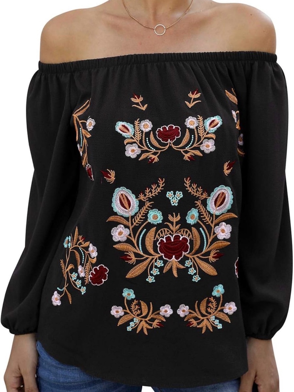 Black Embroidered Off-Shoulder Women's Top